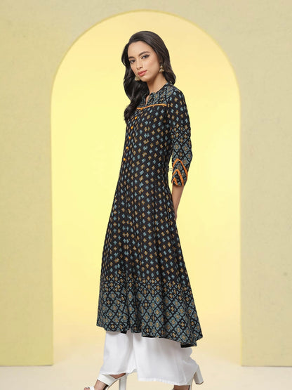 Yash Gallery Women's Printed Rayon  Calf Length Stand Collar  3/4th Sleeve With Lace Detailing  Anarkli Kurta  (Blue)