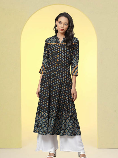 Yash Gallery Women's Printed Rayon  Calf Length Stand Collar  3/4th Sleeve With Lace Detailing  Anarkli Kurta  (Blue)