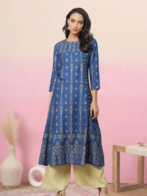 women rayon floral print anarkali kurta blue