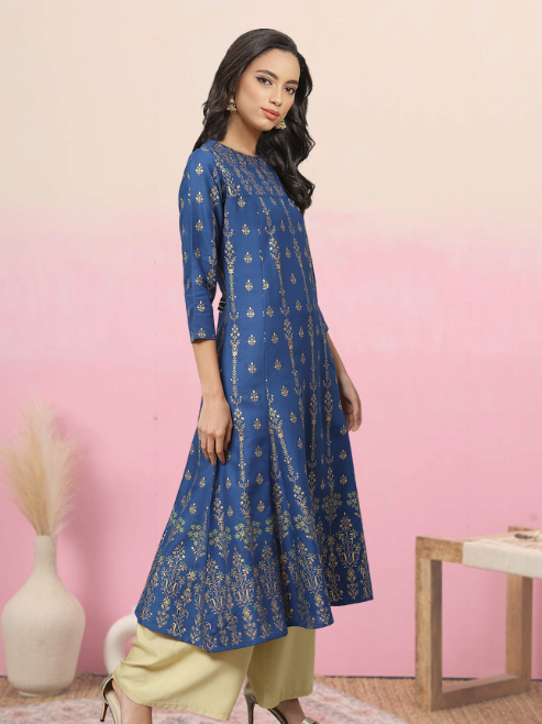 women rayon floral print anarkali kurta blue