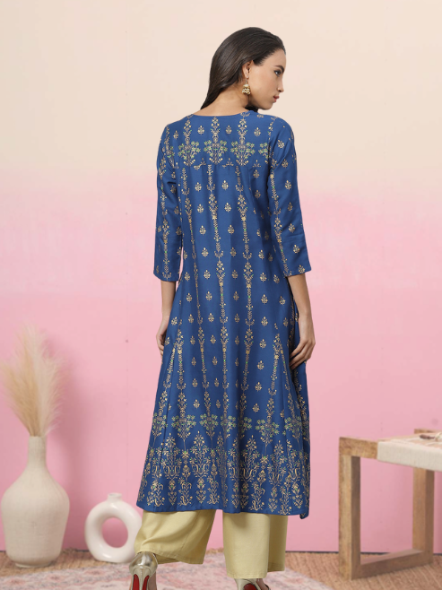 women rayon floral print anarkali kurta blue