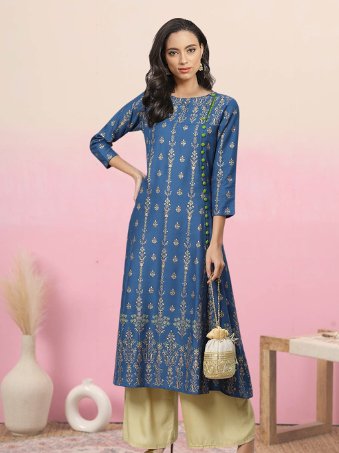 women rayon floral print anarkali kurta blue