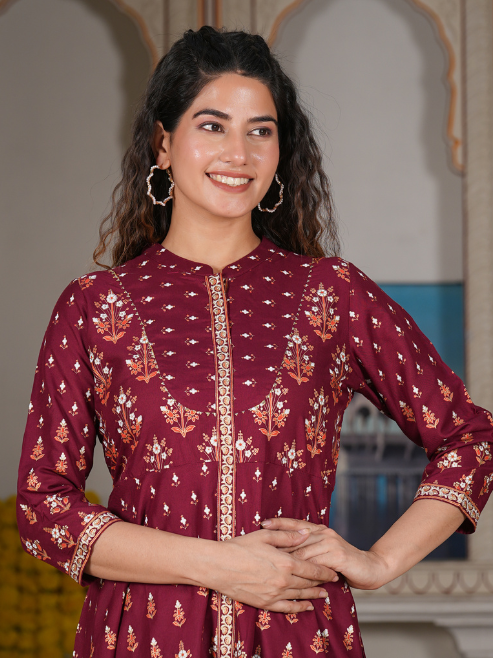 women rayon floral printed anarkali kurta maroon