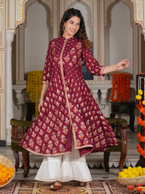 women rayon floral printed anarkali kurta maroon