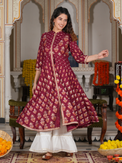 women rayon floral printed anarkali kurta maroon