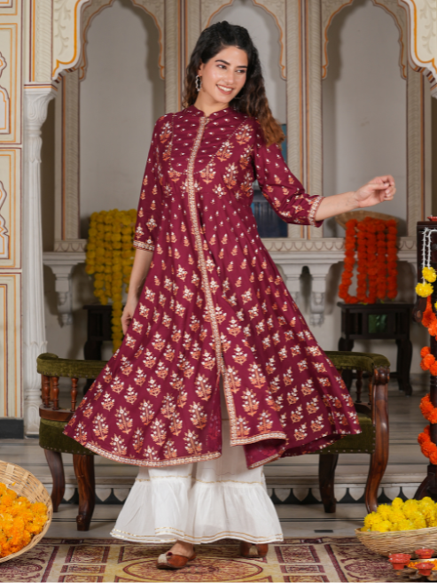 women rayon floral printed anarkali kurta maroon