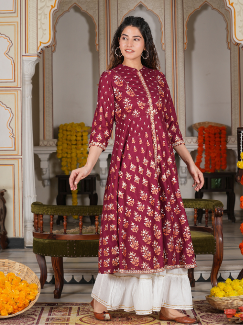 women rayon floral printed anarkali kurta maroon