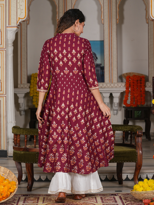 women rayon floral printed anarkali kurta maroon