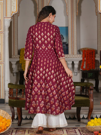 women rayon floral printed anarkali kurta maroon
