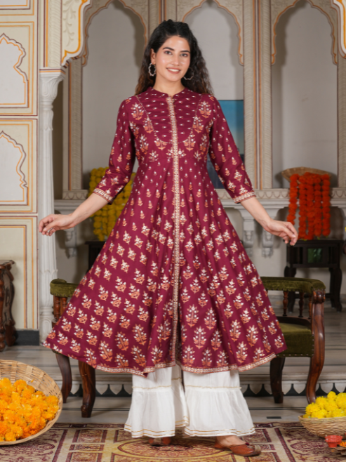 women rayon floral printed anarkali kurta maroon