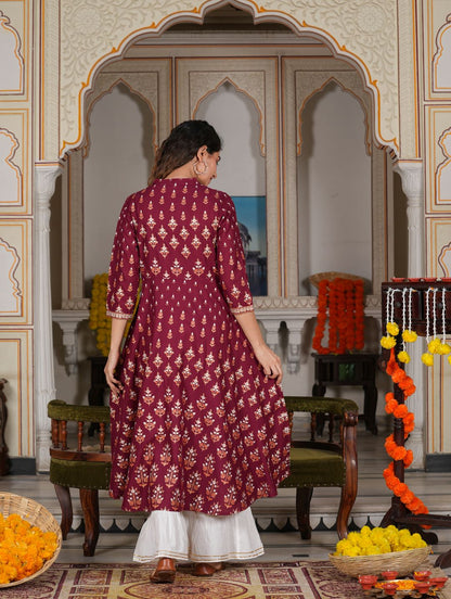 women rayon floral printed anarkali kurta maroon