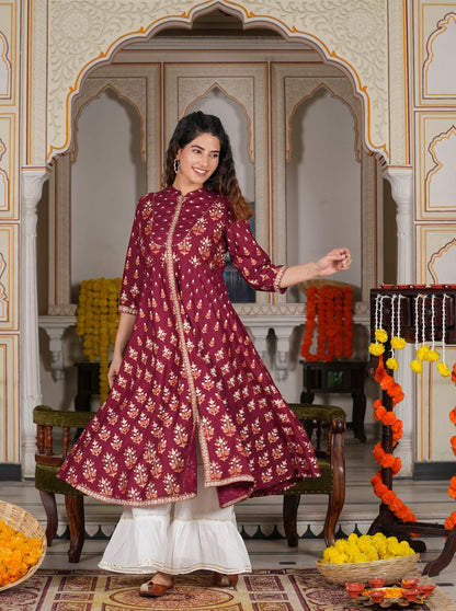 women rayon floral printed anarkali kurta maroon