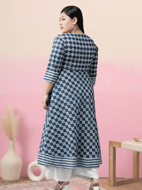 women cotton floral printed anarkali kurta blue 