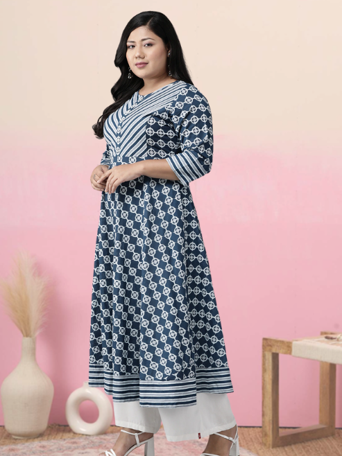 women cotton floral printed anarkali kurta blue 