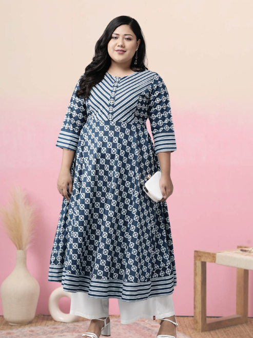 women cotton floral printed anarkali kurta blue 