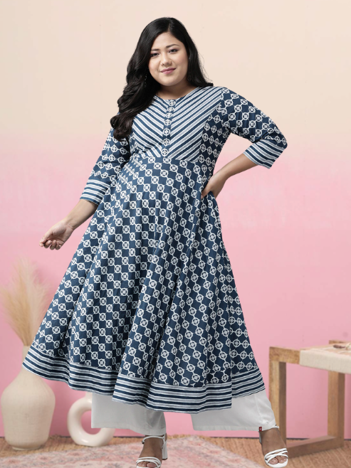 women cotton floral printed anarkali kurta blue 