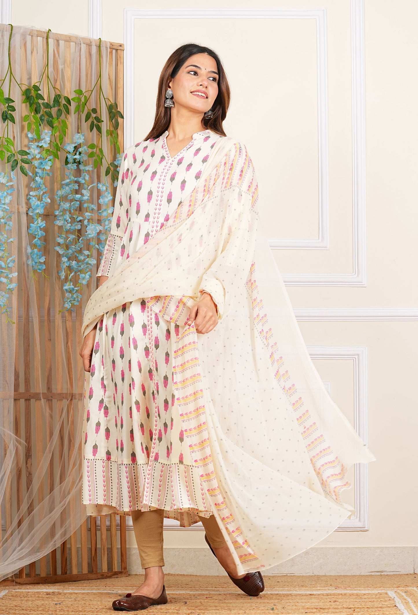 YASH GALLERY Women's Rayon Ikat Printed Anarkali Kurta Mandarin Collar With DUPTTA