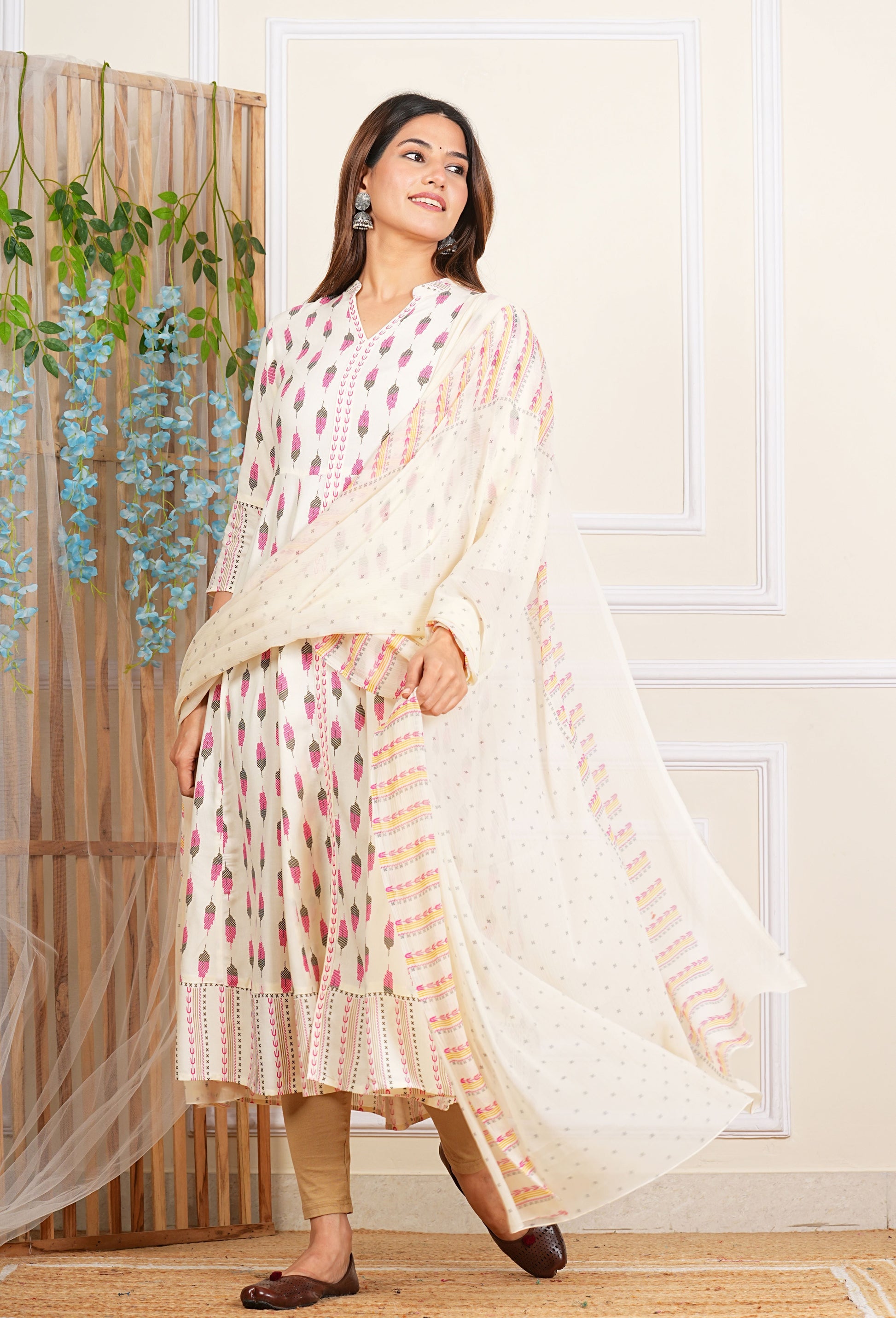 YASH GALLERY Women's Rayon Ikat Printed Anarkali Kurta Mandarin Collar With DUPTTA