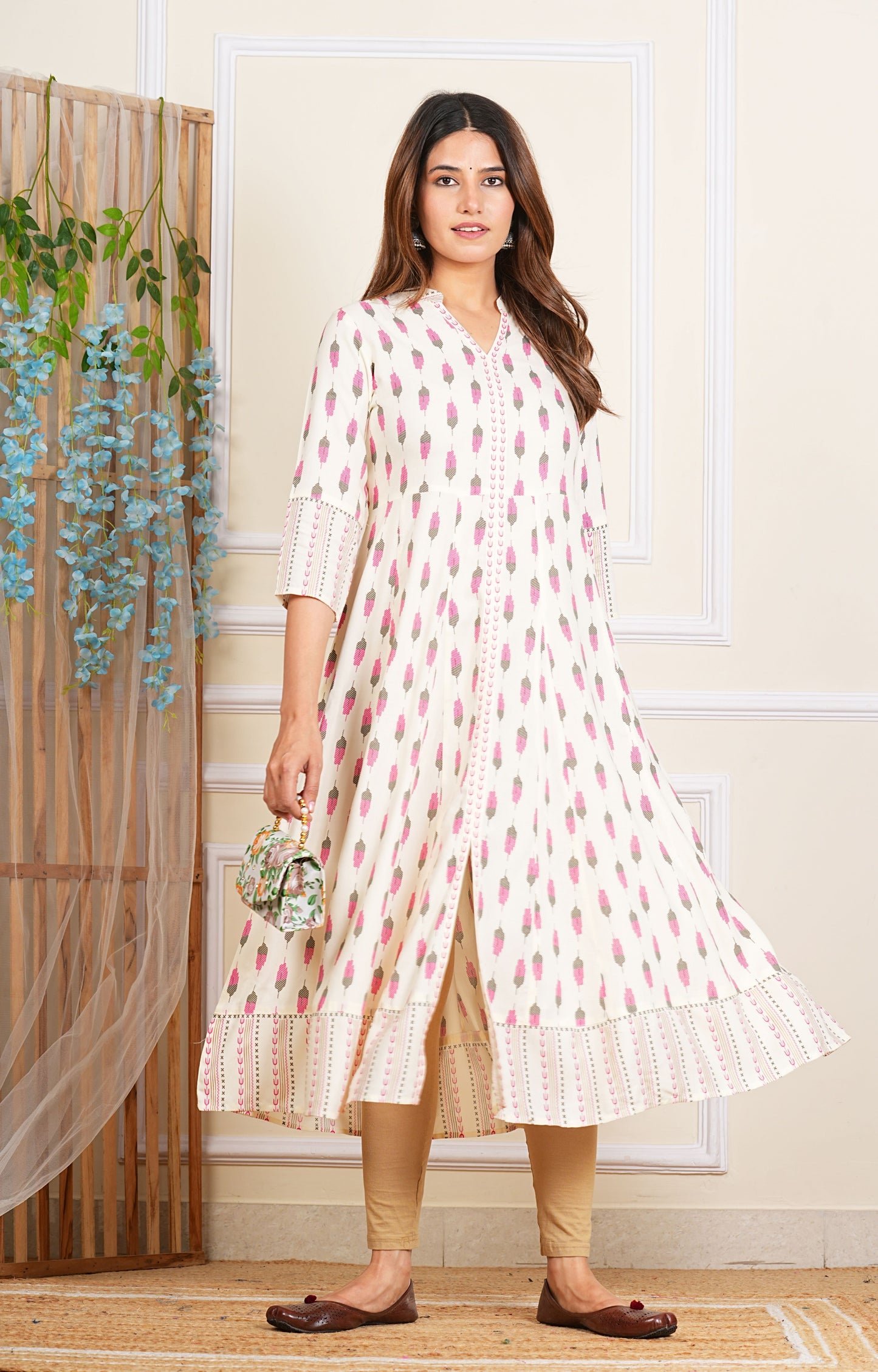 YASH GALLERY Women's Rayon Ikat Printed Anarkali Kurta Mandarin Collar With DUPTTA