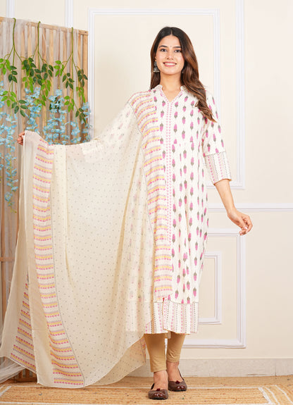 YASH GALLERY Women's Rayon Ikat Printed Anarkali Kurta Mandarin Collar With DUPTTA