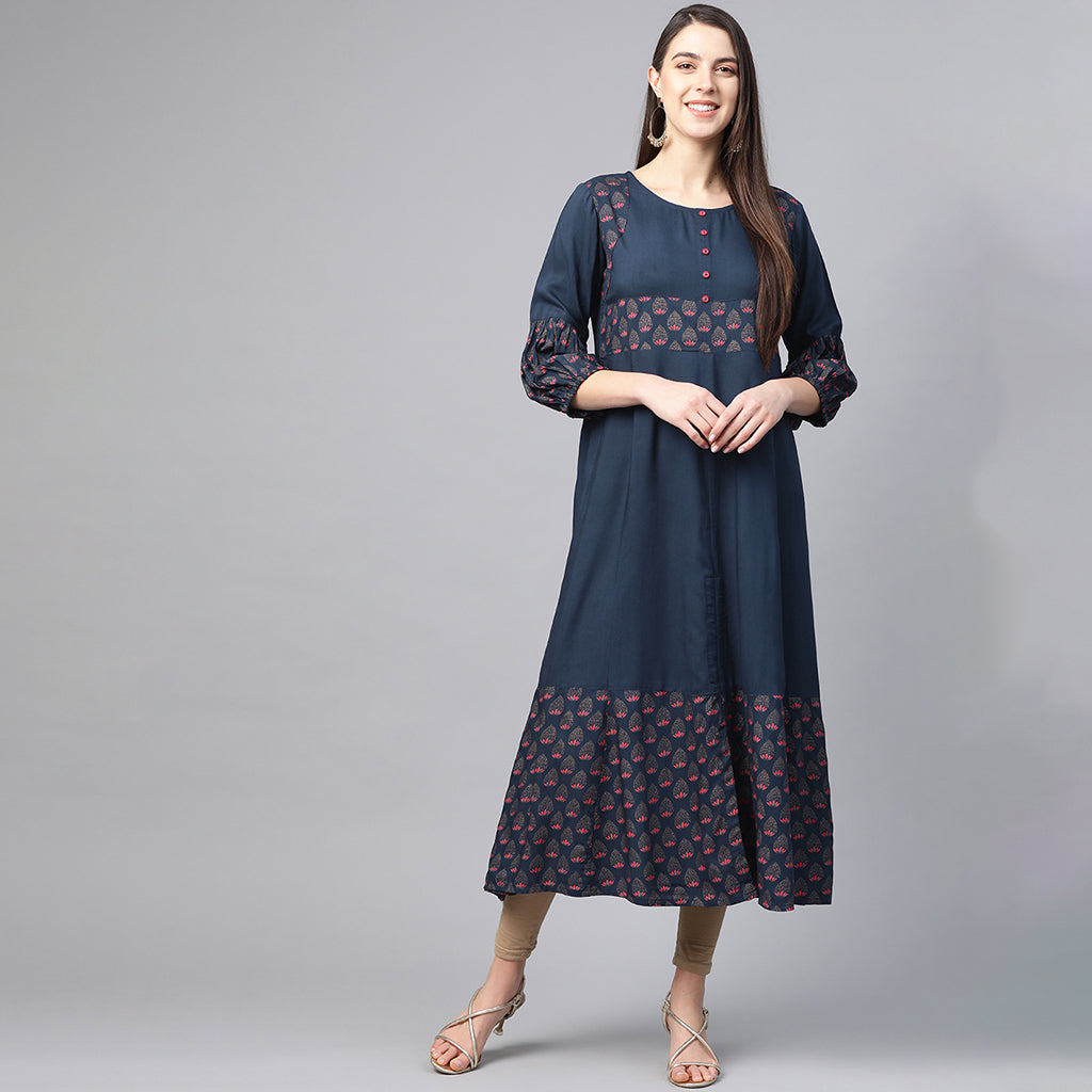 Rayon Floral Printed Anarkali Kurta (BLUE)