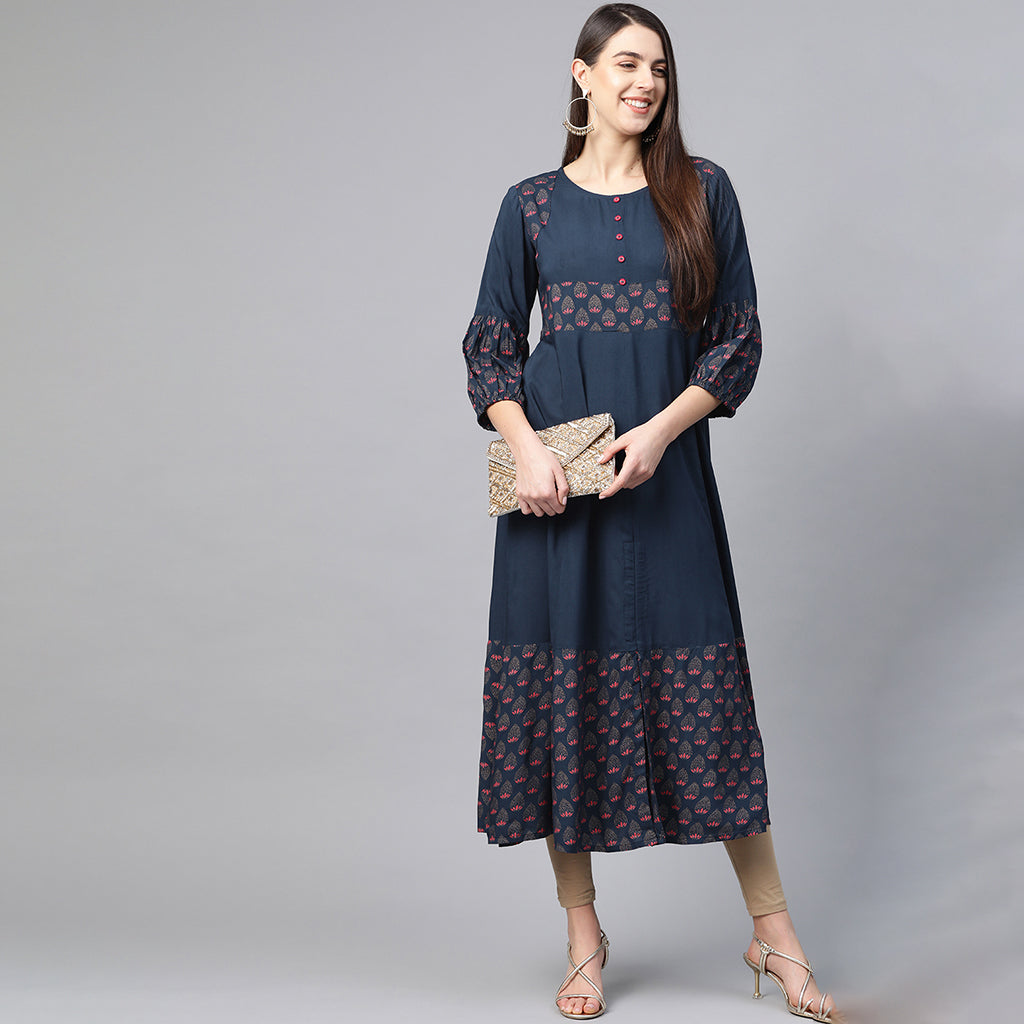 Rayon Floral Printed Anarkali Kurta (BLUE)