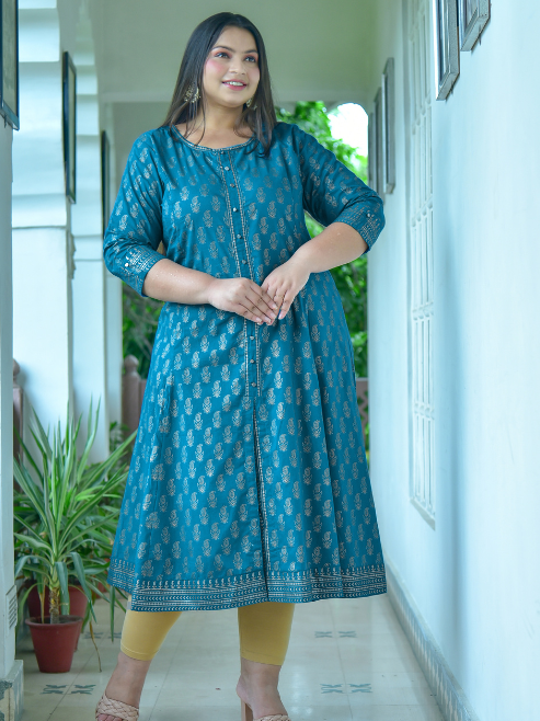 Yash Gallery Women's Cotton Gold Print Anarkali Kurti Plus Size