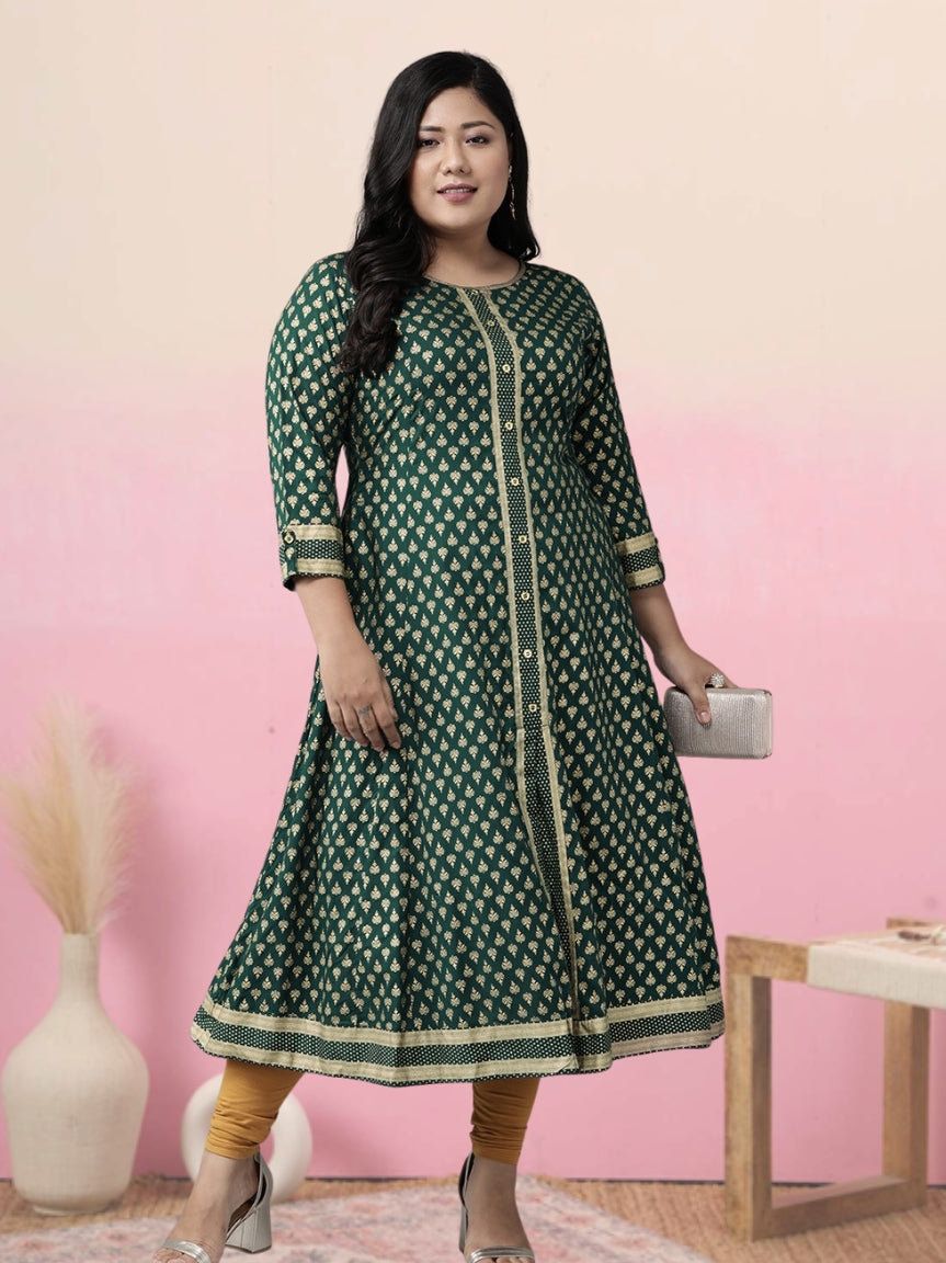 YASH GALLERY Women's Rayon Golden Floral Printed A-line Kurta