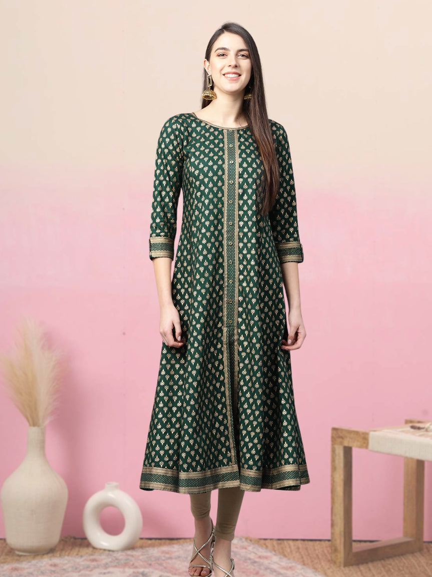 YASH GALLERY Women's Rayon Golden Floral Printed A-line Kurta