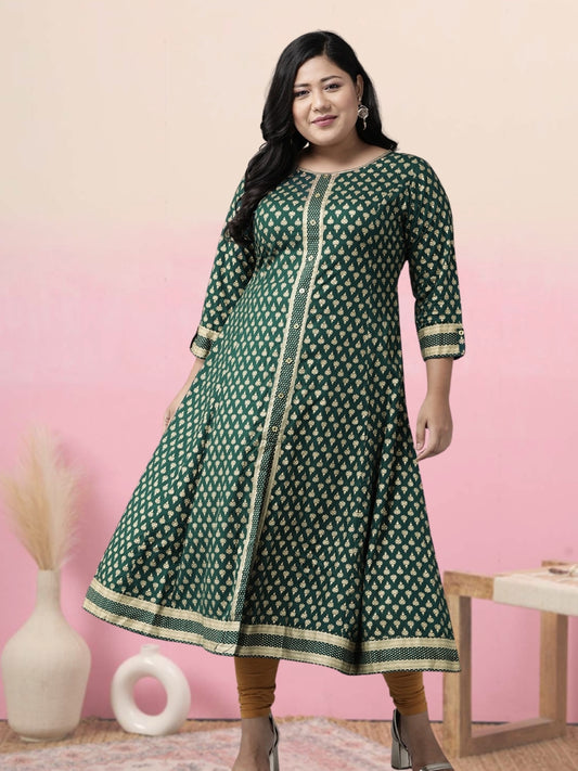 YASH GALLERY Women's Rayon Golden Floral Printed A-line Kurta