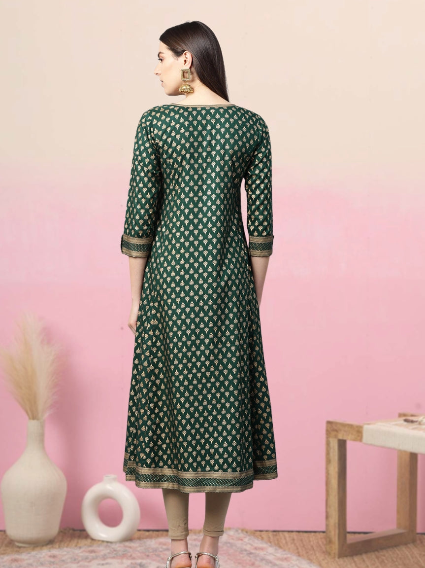 YASH GALLERY Women's Rayon Golden Floral Printed A-line Kurta