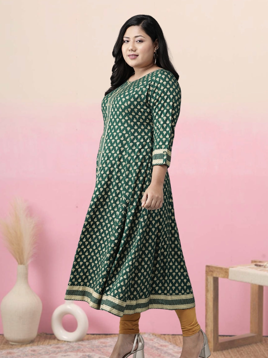 YASH GALLERY Women's Rayon Golden Floral Printed A-line Kurta