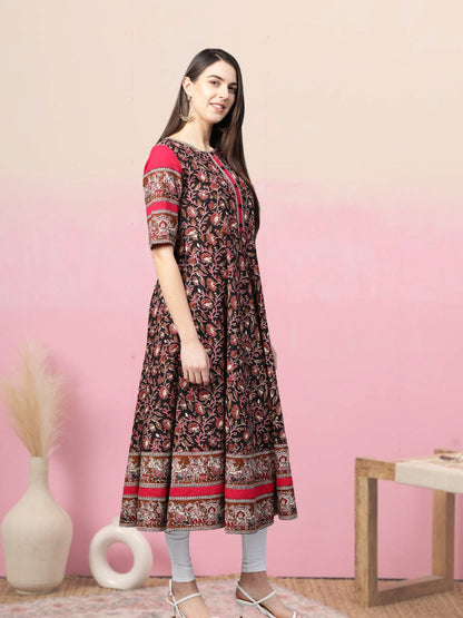 women cotton floral printed anarkali kurta black