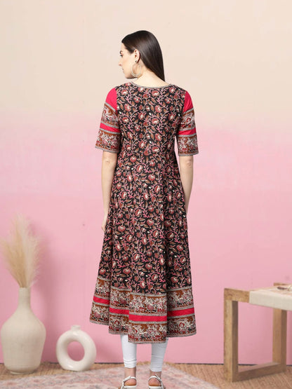 women cotton floral printed anarkali kurta black