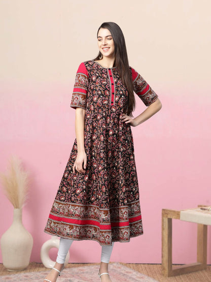 women cotton floral printed anarkali kurta black