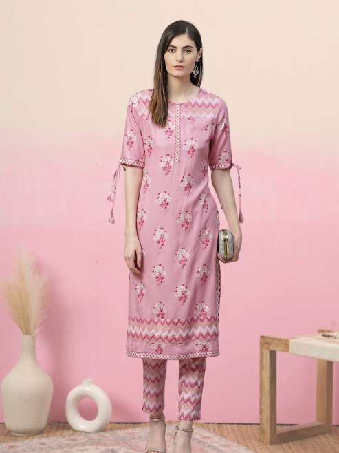 Rayon Floral Printed Straight Kurta with Pant (Pink)
