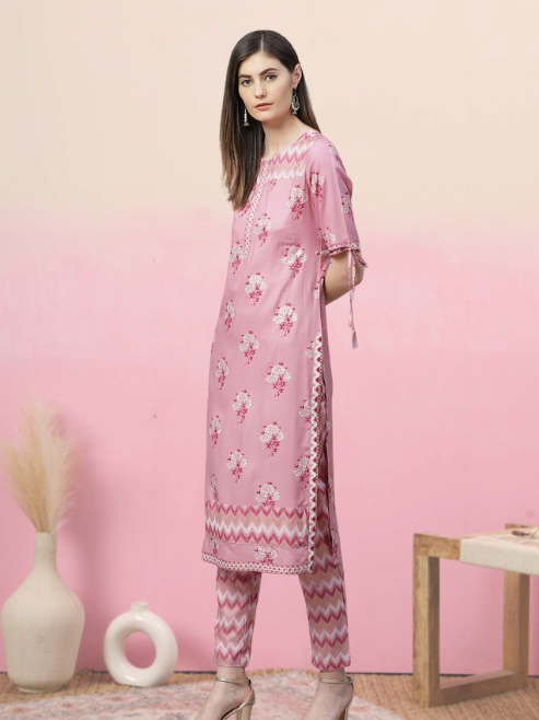 Rayon Floral Printed Straight Kurta with Pant (Pink)