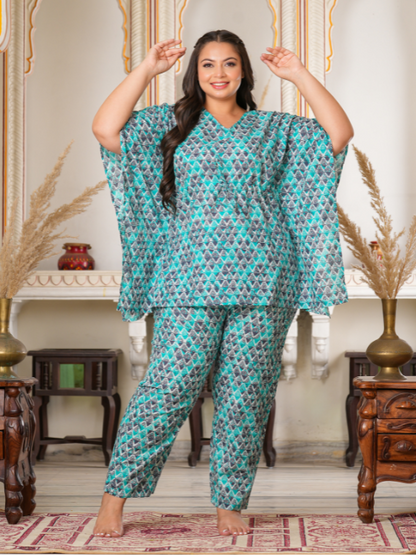 women geomatrical printed kaftan night suit multi
