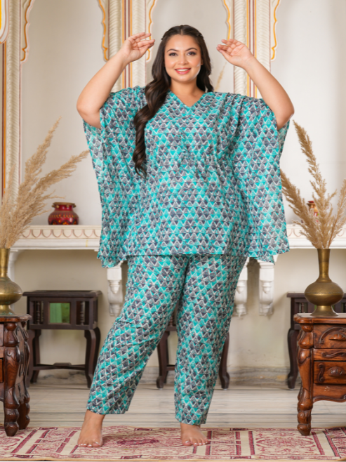 women geomatrical printed kaftan night suit multi