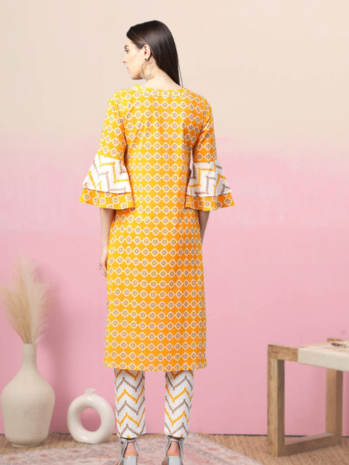 Cotton Floral Printed Straight Kurta with Pant (Mustard)