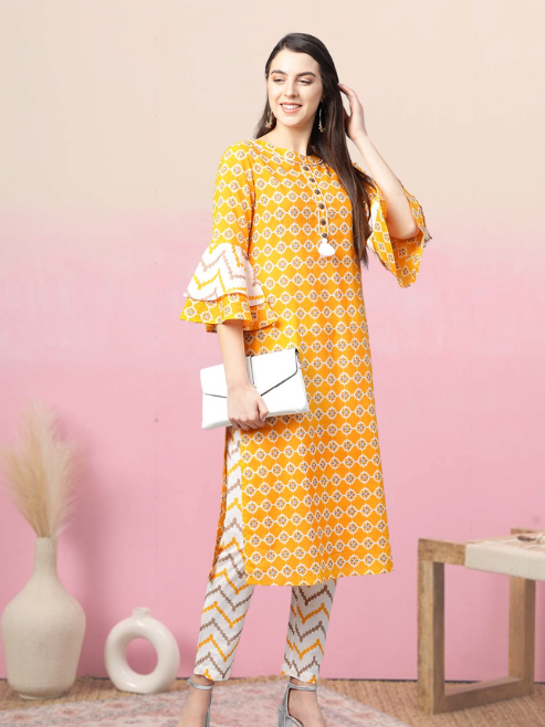 Cotton Floral Printed Straight Kurta with Pant (Mustard)