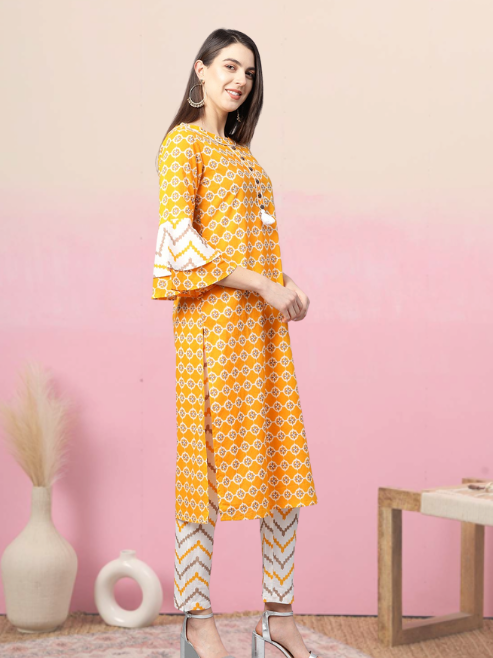 Cotton Floral Printed Straight Kurta with Pant (Mustard)