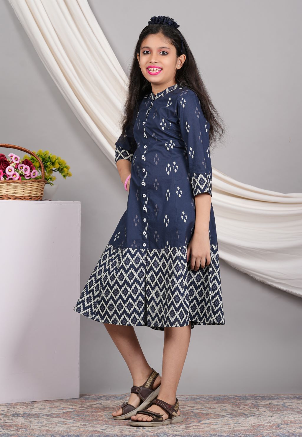 YASH GALLERY Kids Cotton Ikat Printed A-line Dress (Blue)