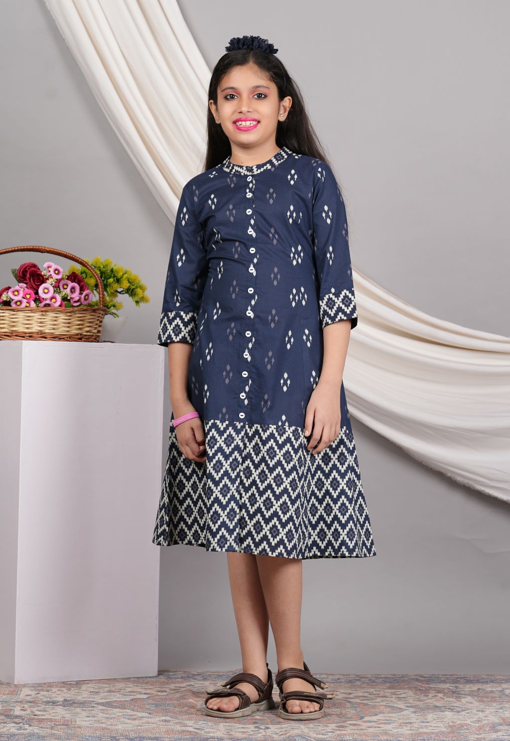 YASH GALLERY Kids Cotton Ikat Printed A-line Dress (Blue)