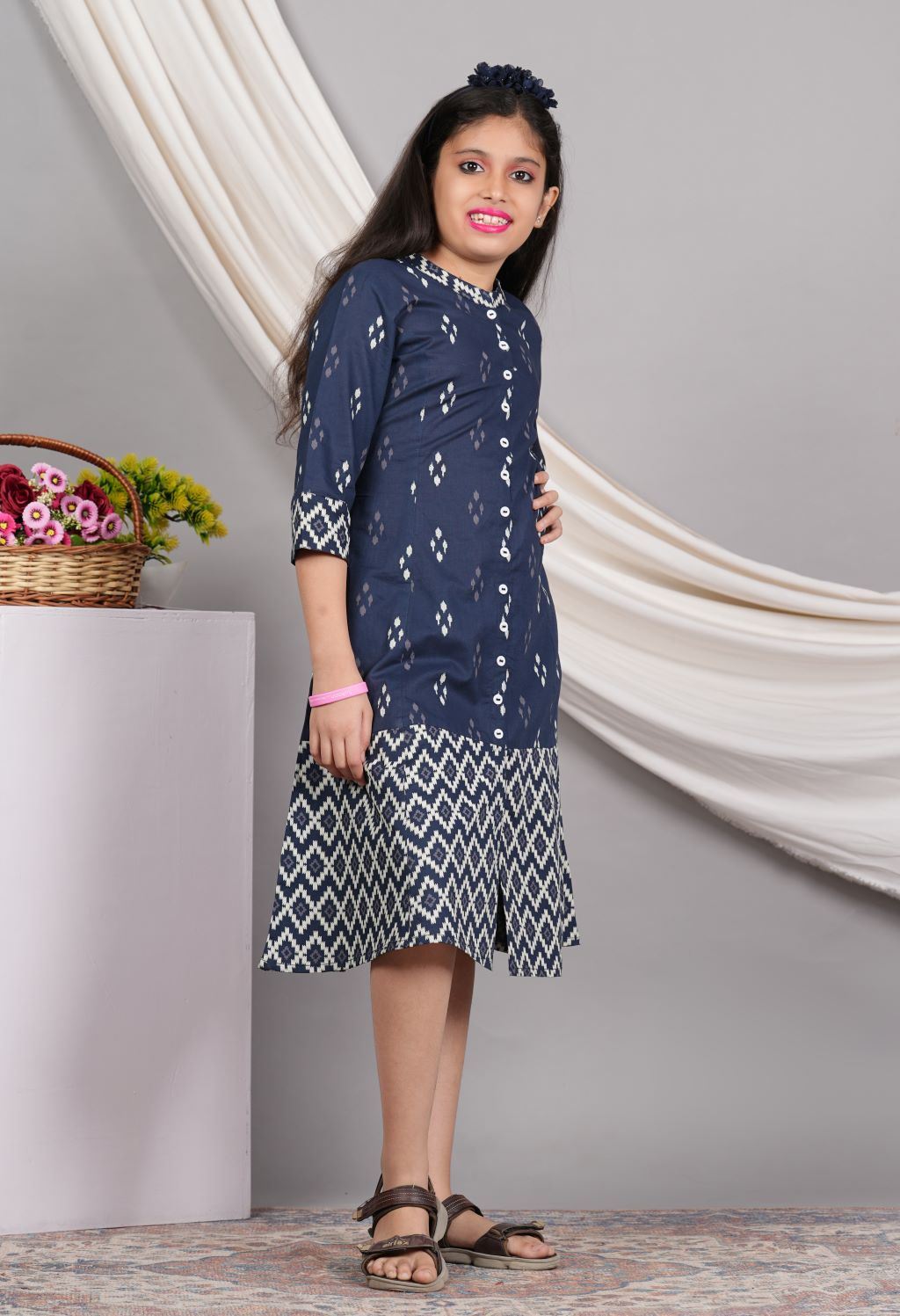 YASH GALLERY Kids Cotton Ikat Printed A-line Dress (Blue)