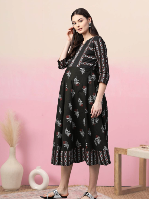 women maternity wear floral printed anarkali dress black