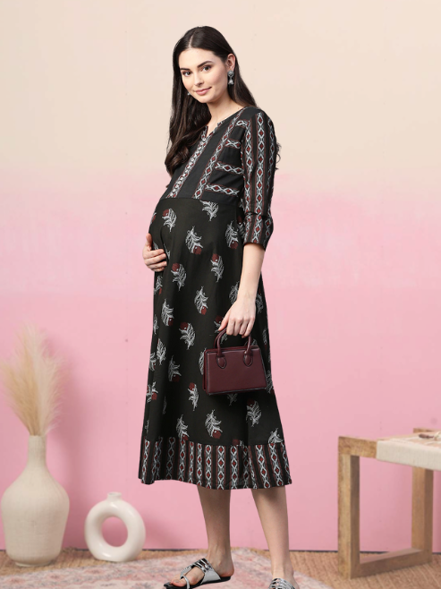 women maternity wear floral printed anarkali dress black