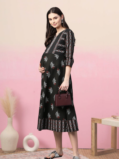 women maternity wear floral printed anarkali dress black
