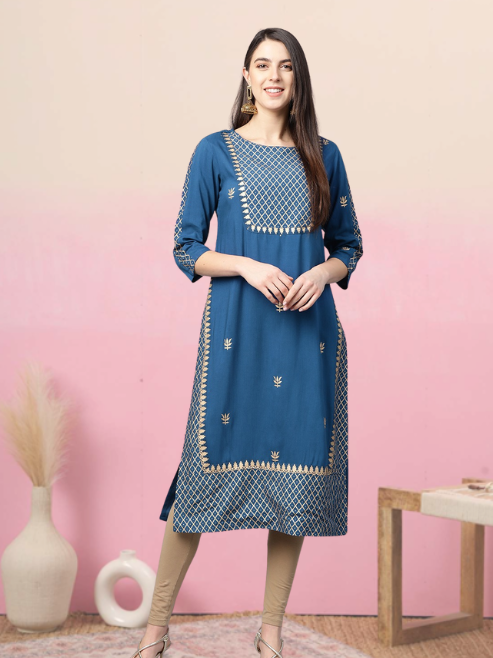 Rayon Golden Floral Printed Straight Kurta