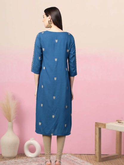 Rayon Golden Floral Printed Straight Kurta